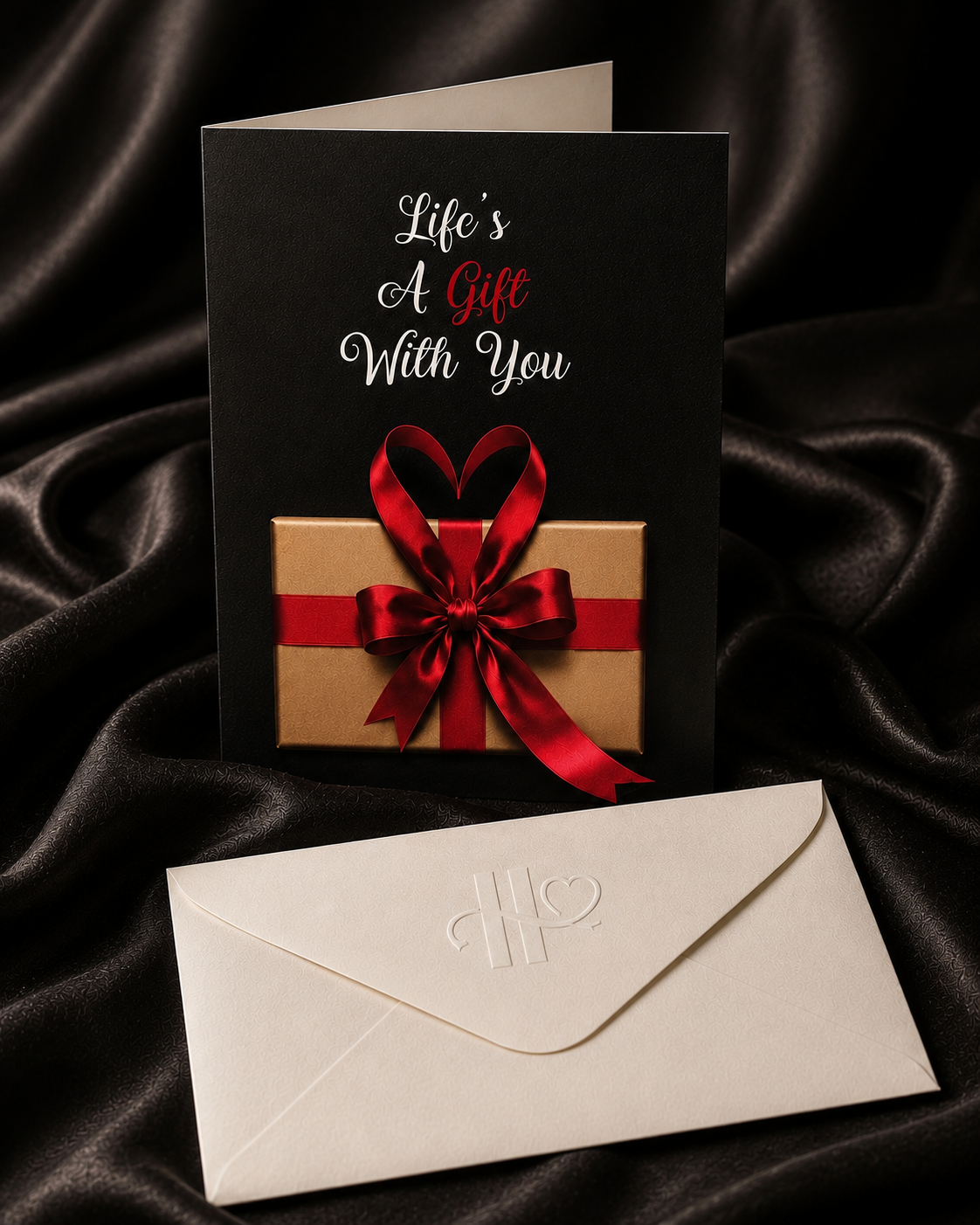 Red Ribbon card, dark silk, garnet ribbon